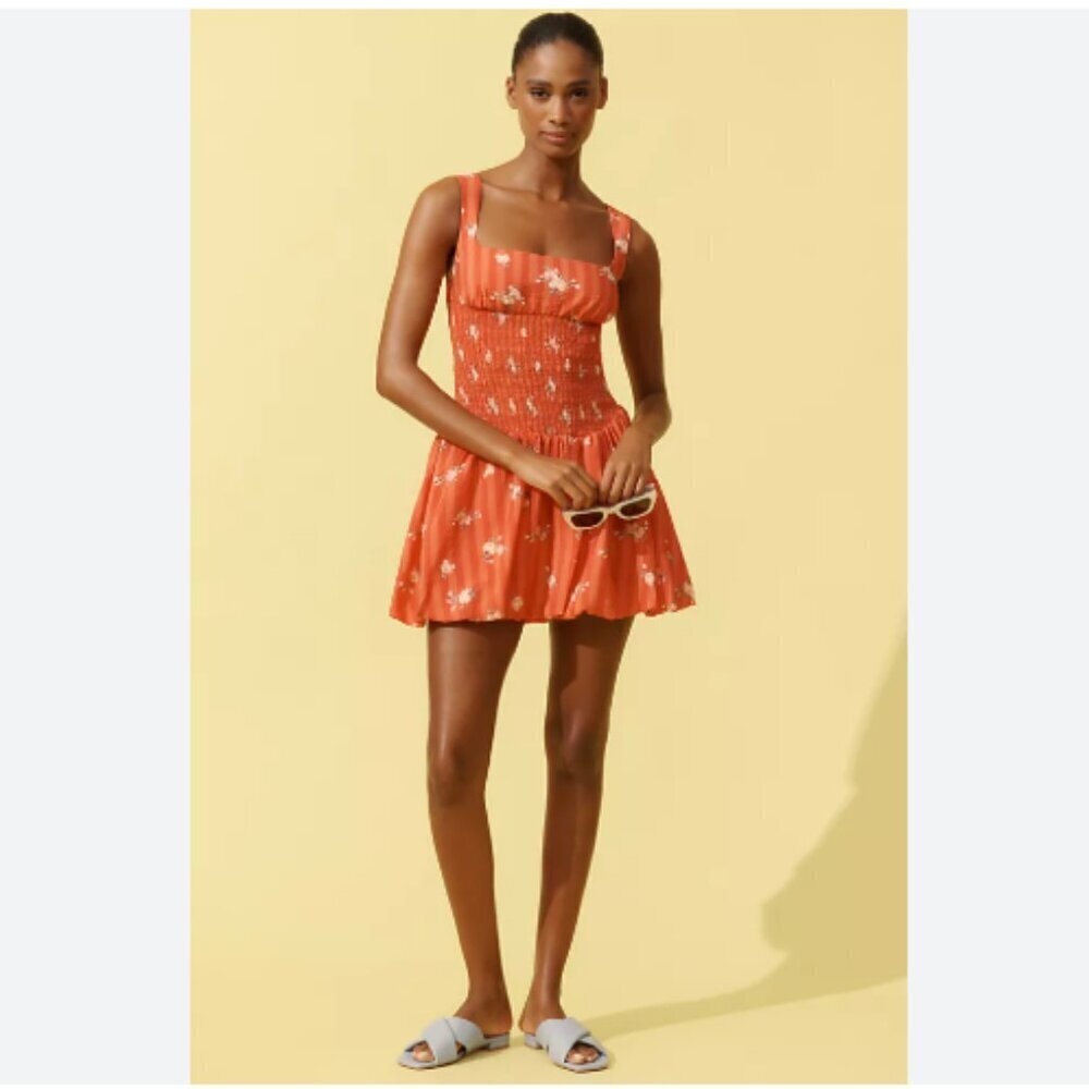 New Anthropologie Coastal Coral Square-Neck Smocked Ballon Mini Dress Size Large